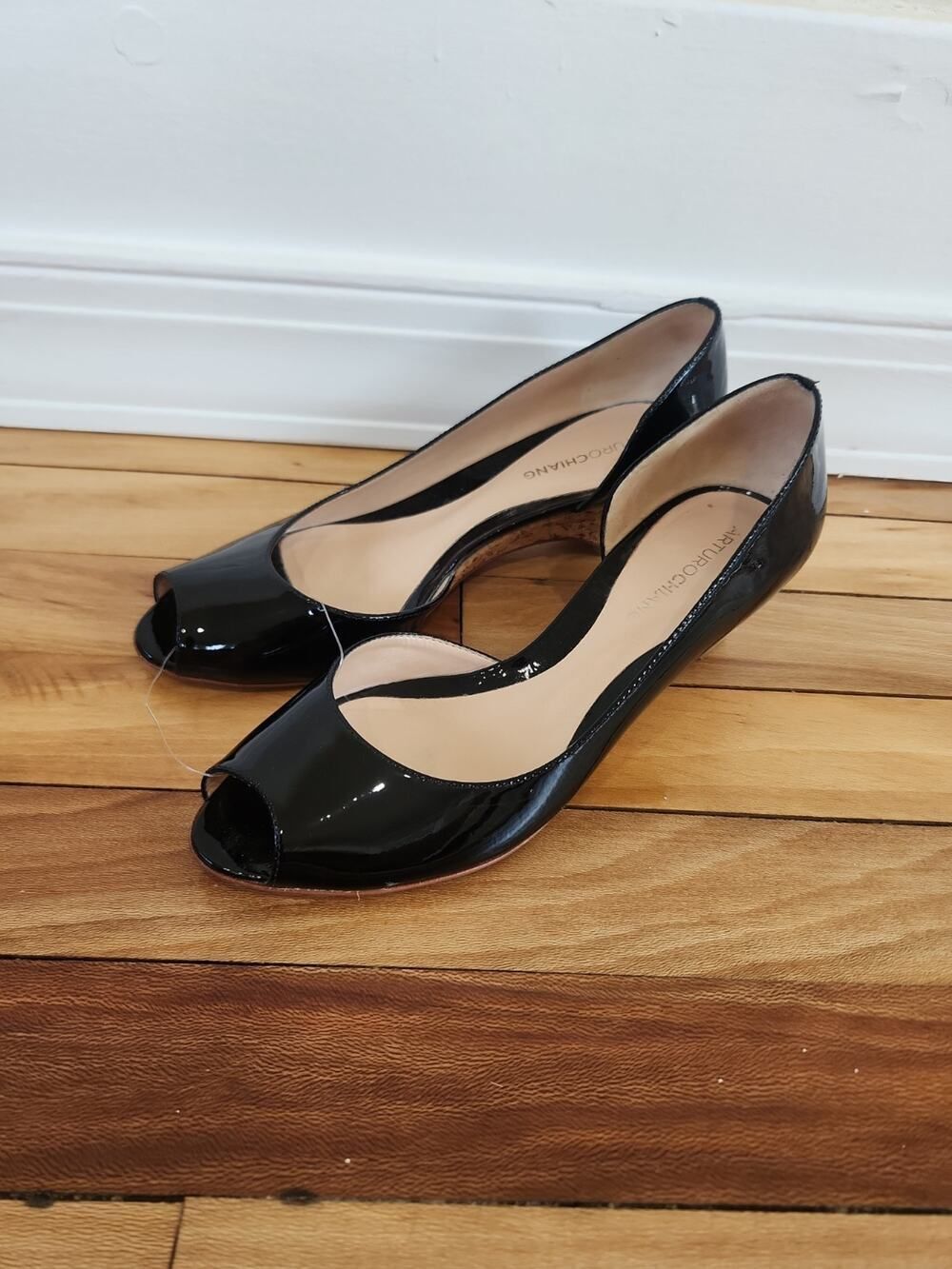 ARTURO CHIANG Black Leather Designer Peep Toe Cork Heel Size 7.5M
